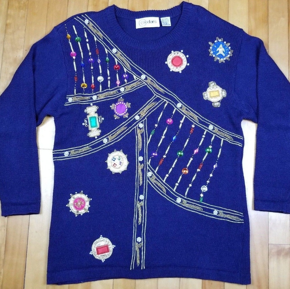 VTG 80s 90s Ugly Christmas Sweater Beaded Jeweled
